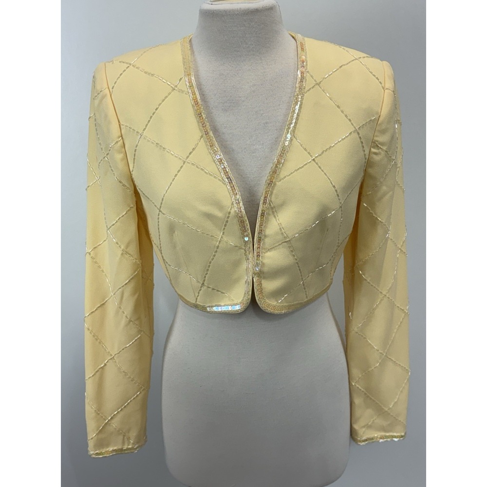 Vtg Lillie Rubin Bolero Jacket Sz 6 Women's Yellow Beaded Lined Crop 90s READ